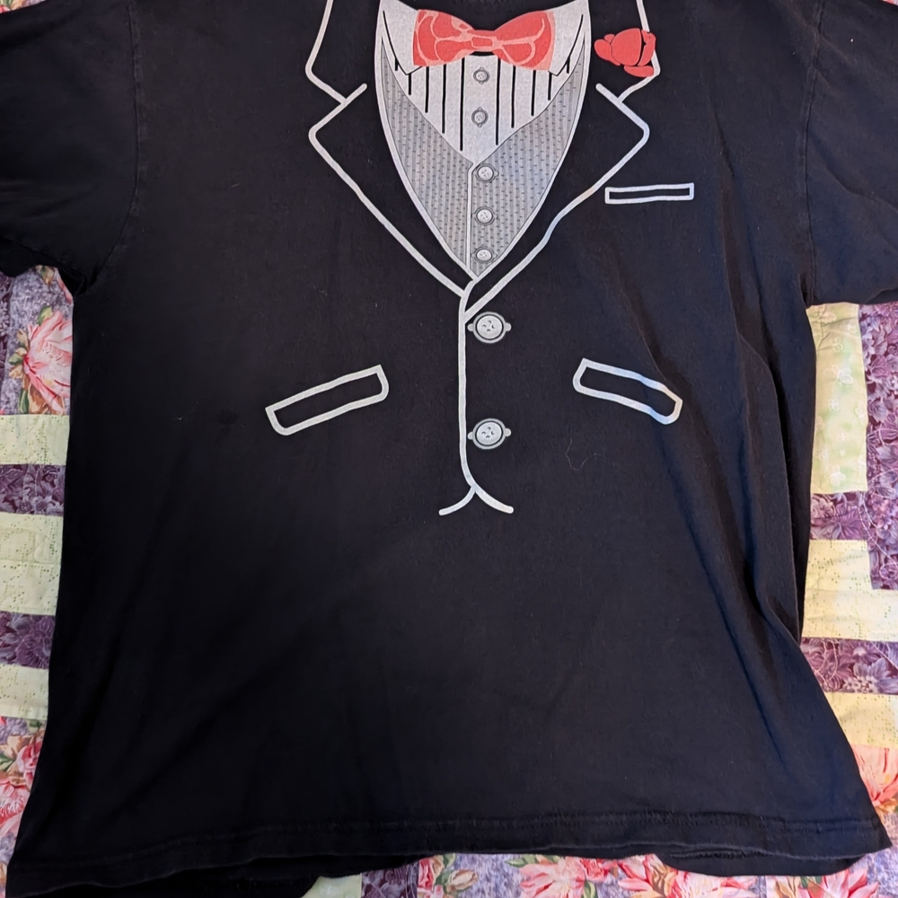 Black T-Shirt with Tuxedo and Red Bow Tie Graphic